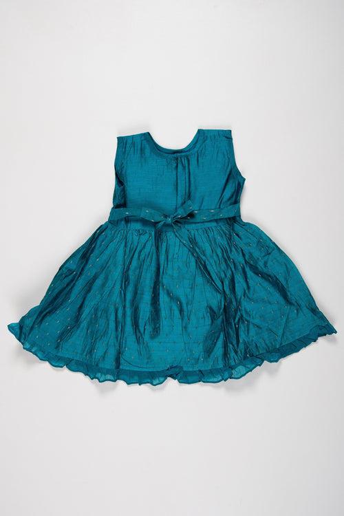 Teal Chanderi Cotton Frock with Embroidered Fawn for Young Girls