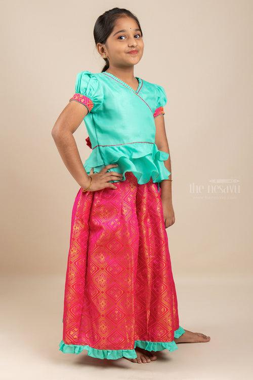Teal Pink Kanchi Banaras Silk Pattu Pavadai With Trendy Blouse