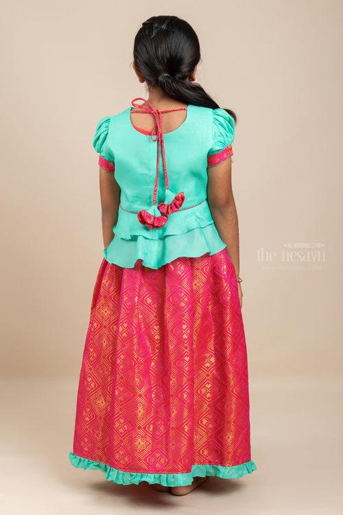 Teal Pink Kanchi Banaras Silk Pattu Pavadai With Trendy Blouse