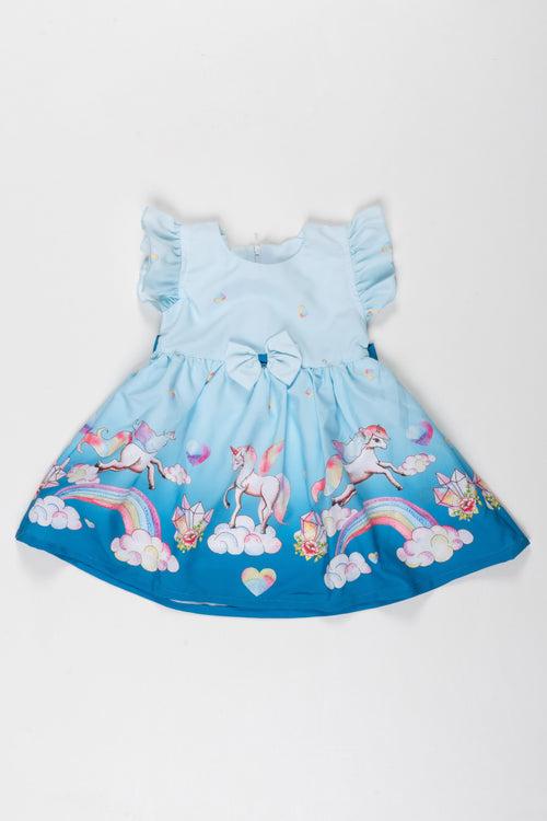Toddler Girl's Enchanted Unicorn and Rainbow Dress with Bow Detail