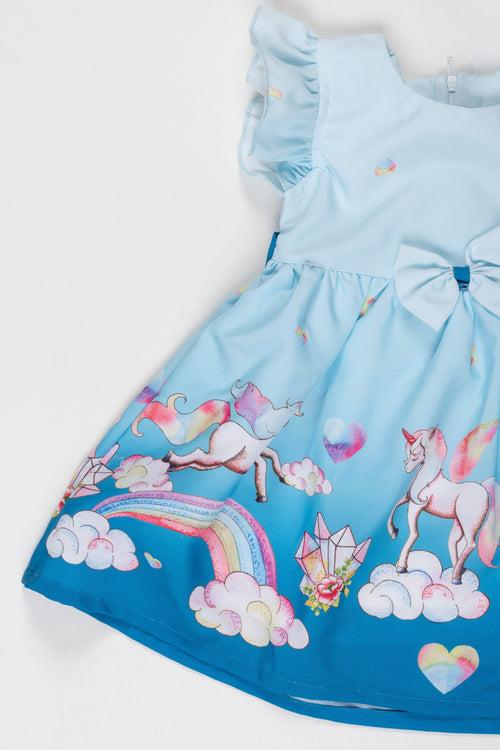 Toddler Girl's Enchanted Unicorn and Rainbow Dress with Bow Detail