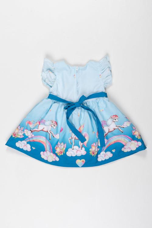 Toddler Girl's Enchanted Unicorn and Rainbow Dress with Bow Detail