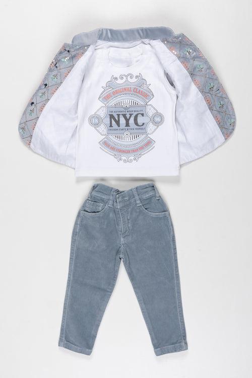 Trendy Boys Winter Jacket and Jeans Combo with Graphic Tee