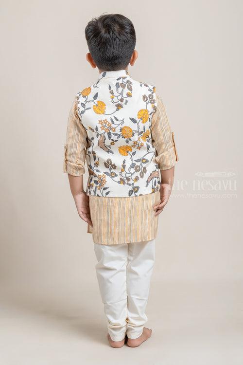 Yellow All Over Stripes Printed Boys Kurta with Floral Printed Overcoat and White Pant