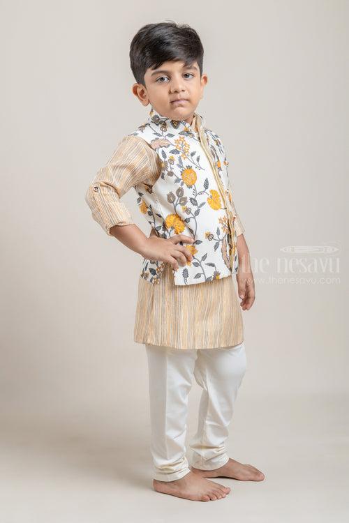 Yellow All Over Stripes Printed Boys Kurta with Floral Printed Overcoat and White Pant