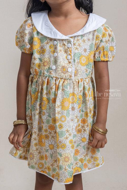 Fancy Yellow Floral Printed Button Closure Daily Wear Cotton Frock For Girls