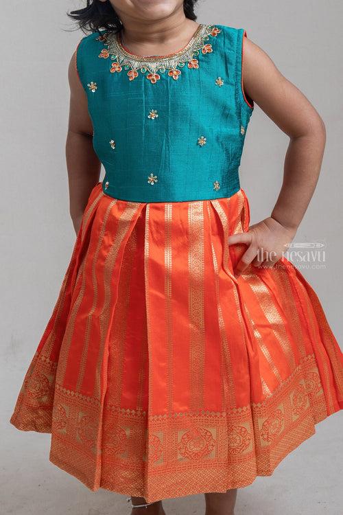 Gorgeous Sequin Embroidered Sleeveless Green Yoke And Zari Border Silk Frock For Girls