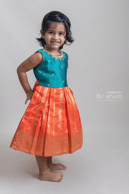 Gorgeous Sequin Embroidered Sleeveless Green Yoke And Zari Border Silk Frock For Girls