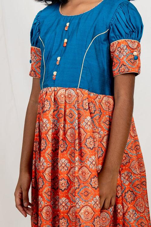 Latest Blue With Orange Designer Silk Frock For Girls With Embellishments