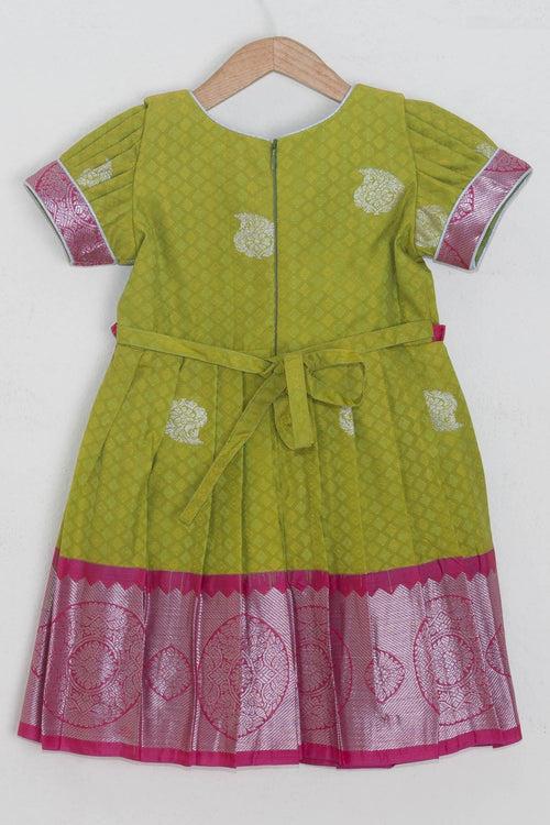 Pink Designer Yoke And Pleated Green Semi Silver Zari Kanjivaram Silk Frock For Girls