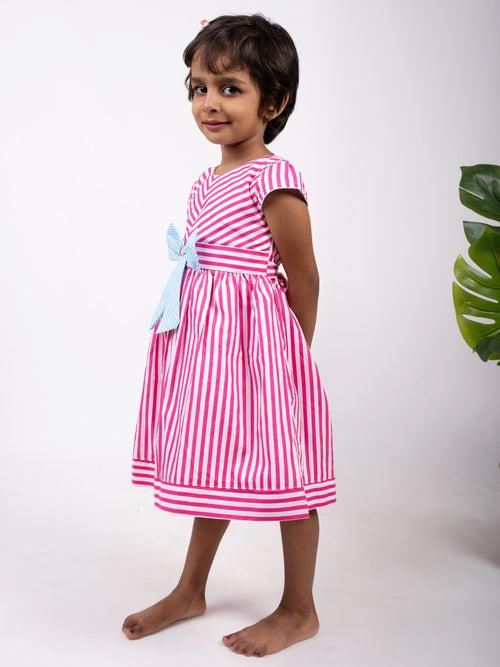 Pink Striped Designer Cotton Gown With Blue Bow Trim For Baby Girls