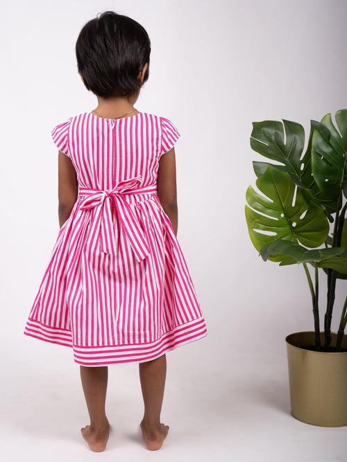 Pink Striped Designer Cotton Gown With Blue Bow Trim For Baby Girls