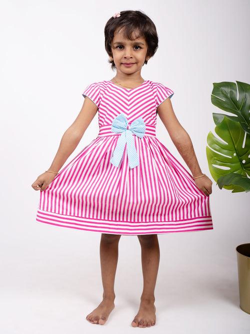 Pink Striped Designer Cotton Gown With Blue Bow Trim For Baby Girls