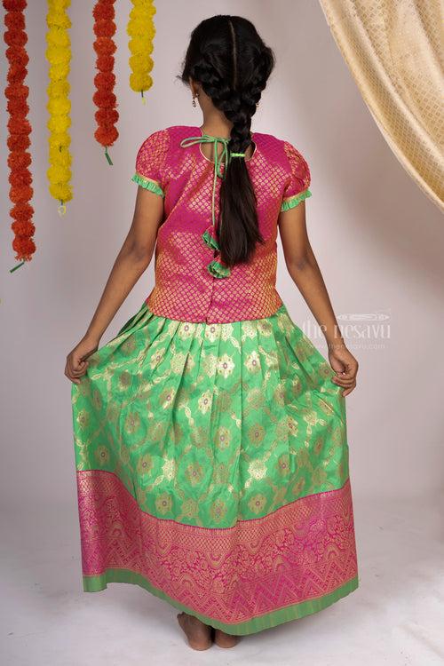Ramar Green Silk Skirt Attached Brocade Silk Puff Sleeve Blouse For Baby Girls