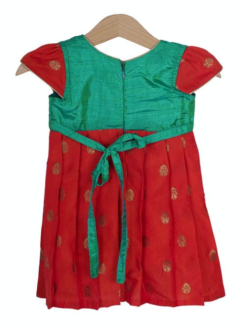 Red Putta Designer Semi-Kanchi Pattu Dresses For Baby Girls