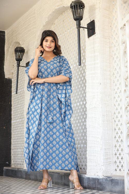 Blue & White Womens Cotton Print Kaftan