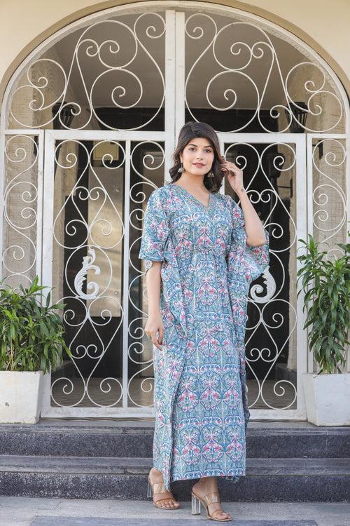 Sky Blue Semi Formal Handblock Kaftan