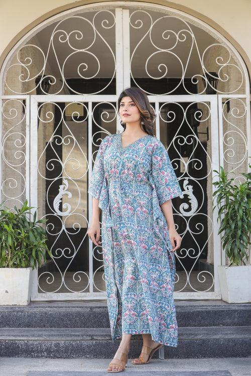 Sky Blue Semi Formal Handblock Kaftan