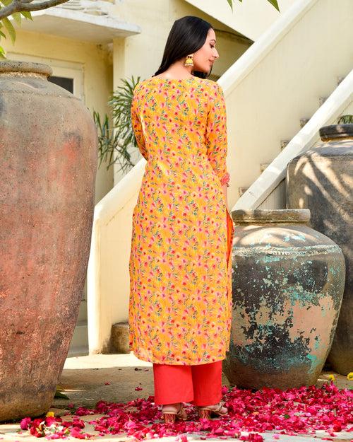 Yesha Yellow Floral Straight Fit Kurta Pant set