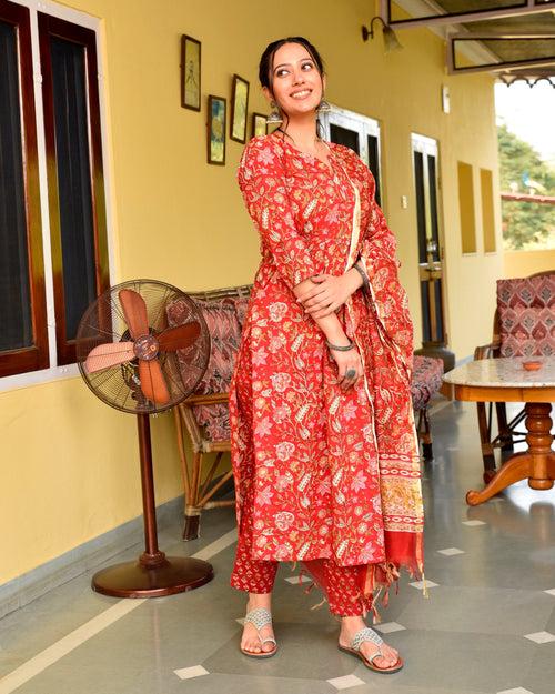 Ranu Red Handblock Cotton Straight Kurta Pant Set