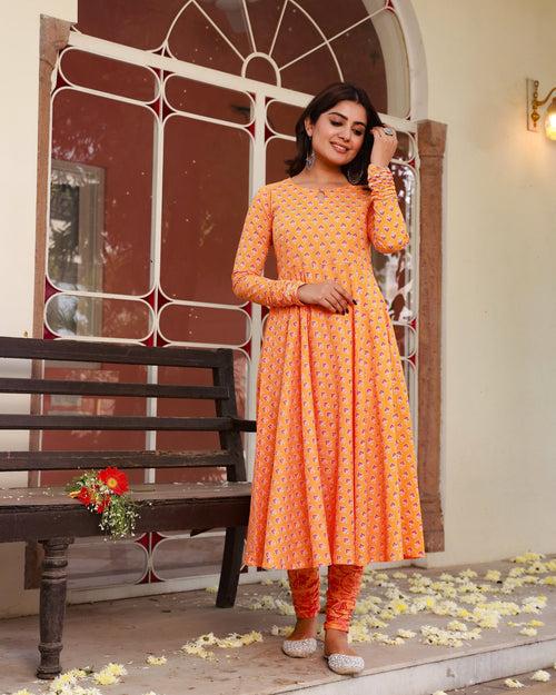 Omani Orange Cotton Anarkali  Kurta Pant Set