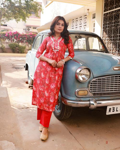 Ramya Red Floral Straight Fit Kurta Pant Set