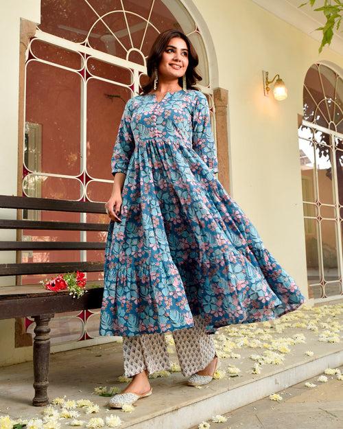 Begu Blue Floral Anarkali Kurta Pant Set