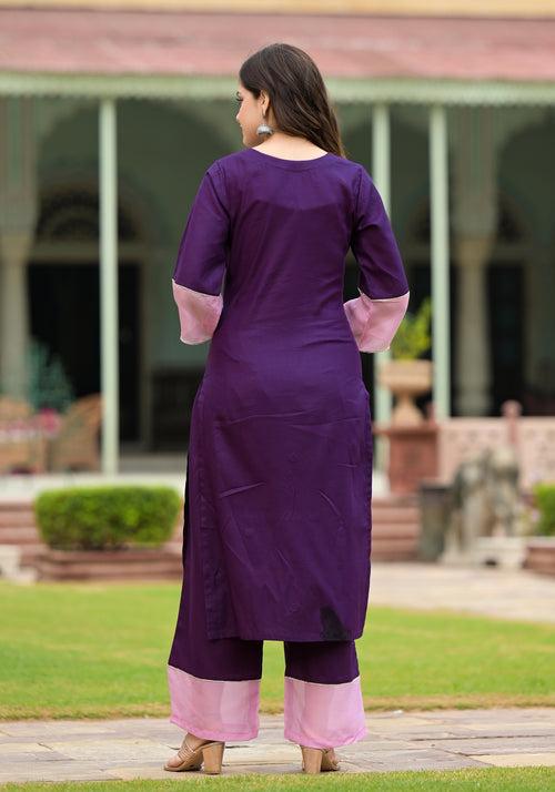 Paakiza Purple Cotton Straight Handwork Suit Set