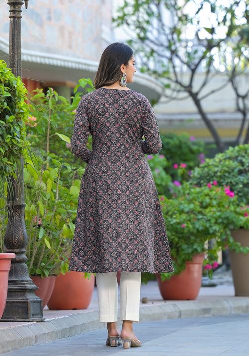 Kalindi Ajrakh Handblock Printed A-Line Kurta