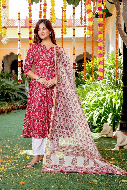 Rain in Red Handblock Unstitched Suit Set with Dupatta