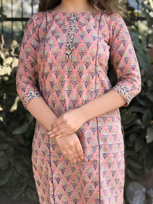 Pretty Pastel Pink Kurta in Handblock Cotton