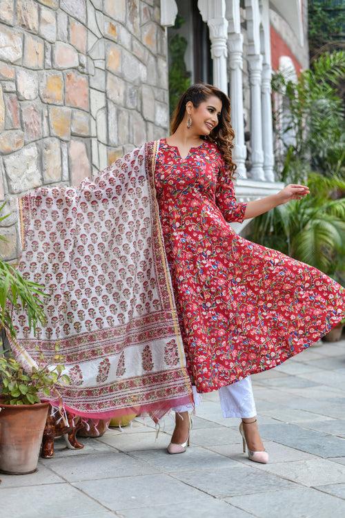 Rain in Red Handblock Unstitched Suit Set with Dupatta