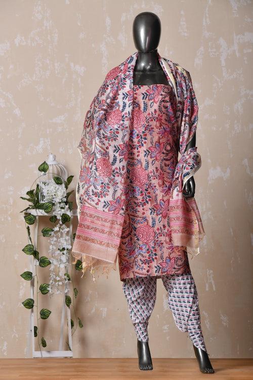 BEAUTIFUL GATHER FLORAL HANDBLOCK PRINT COTTON FABRIC UNSTICHED SUIT SET WITH CHANDERI SILK DUPATTA