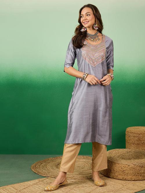 Womens Slub Solid Front Work Grey Designer Kurti