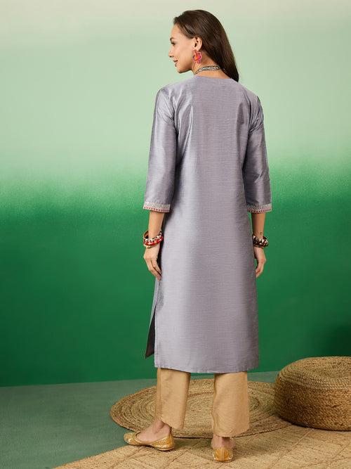 Womens Slub Solid Front Work Light Grey Stylish Kurti