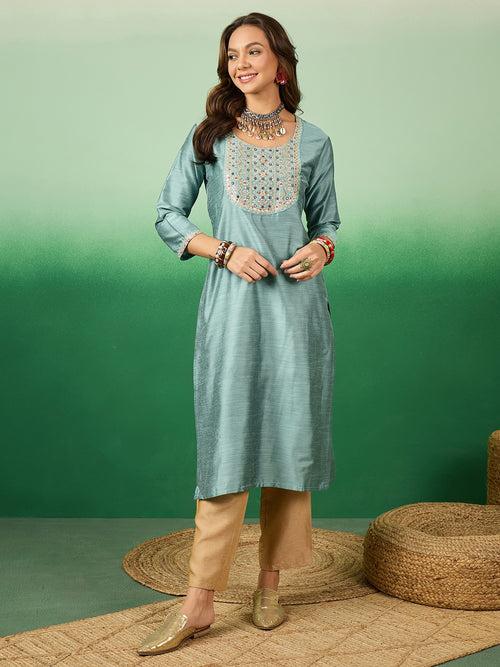 Womens Slub Solid Front Work Powder Blue Designer Kurti