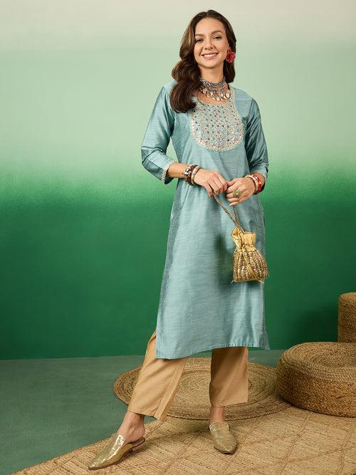 Womens Slub Solid Front Work Powder Blue Designer Kurti