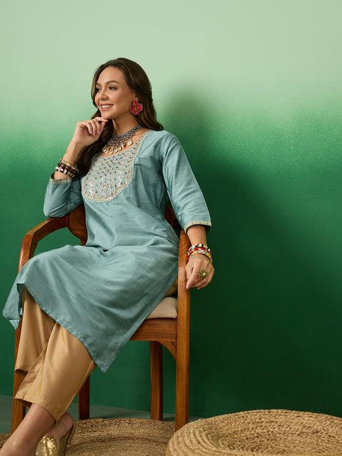 Womens Slub Solid Front Work Powder Blue Designer Kurti