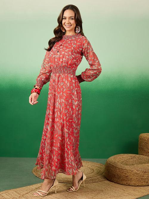 Women Printed Trendy & Stylish Alfino Chiffon Red Dress