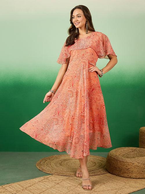 Women Printed & Designer Orange Alfino Chiffon Dress