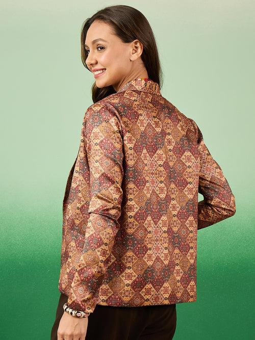 Women Printed Mulberry Silk Multicolor Front Open Blazer