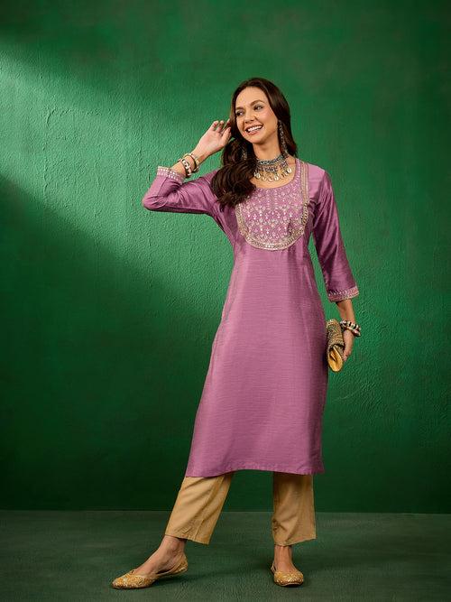 Womens Slub Solid Front Work Pink Designer Kurti