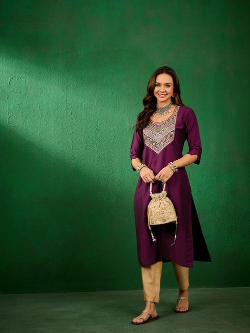 Womens Slub Solid Front Work Wine Stylish Kurti