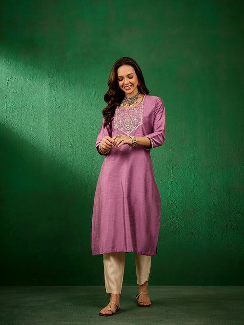 Womens Slub Solid Front Work Pink Stylish Kurti