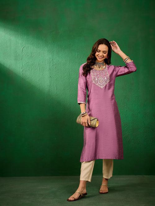 Womens Slub Solid Front Work Pink Stylish Kurti