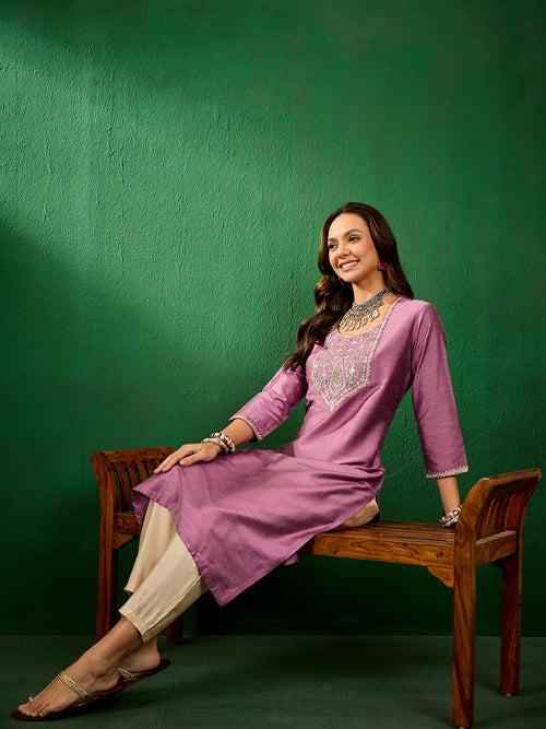 Womens Slub Solid Front Work Pink Stylish Kurti