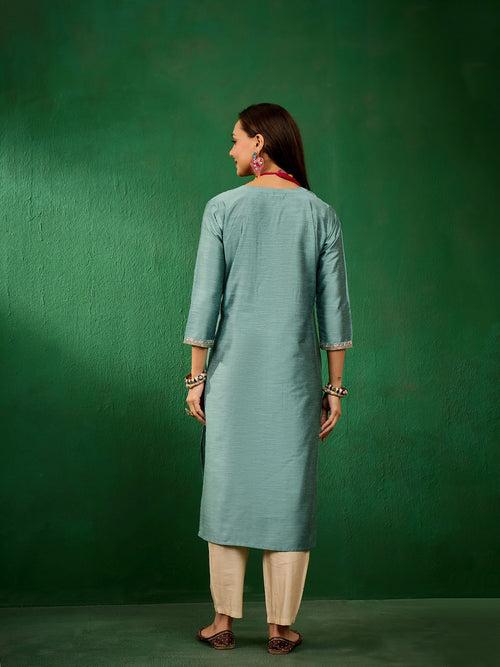 Womens Slub Solid Front Work Powder Blue Stylish Kurti