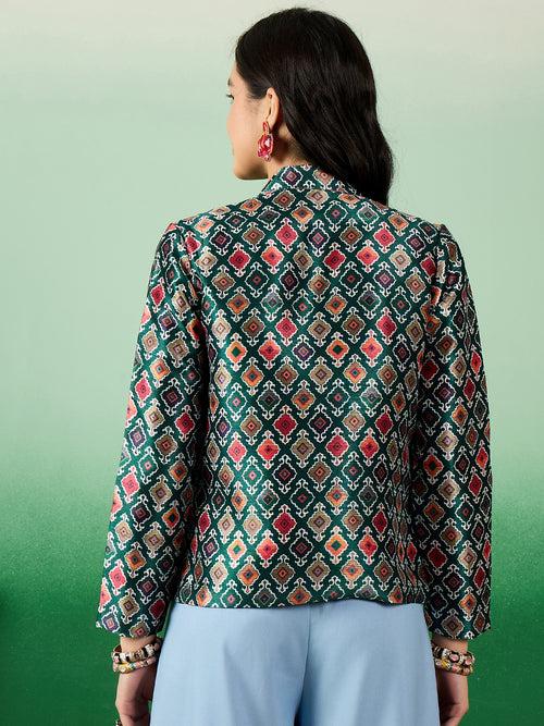 Multicolored Mulberry Silk Printed Front Open Blazer for Women