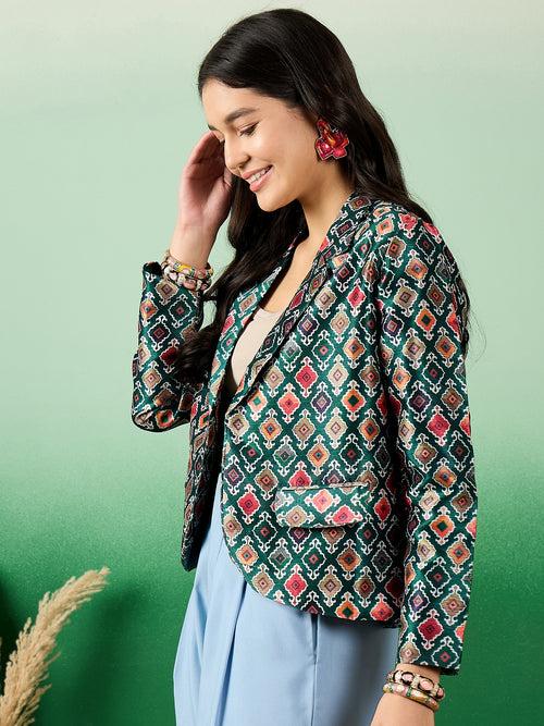 Multicolored Mulberry Silk Printed Front Open Blazer for Women