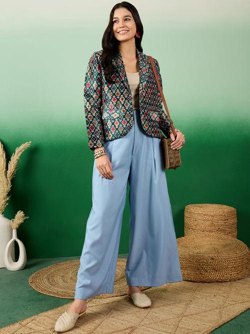 Multicolored Mulberry Silk Printed Front Open Blazer for Women